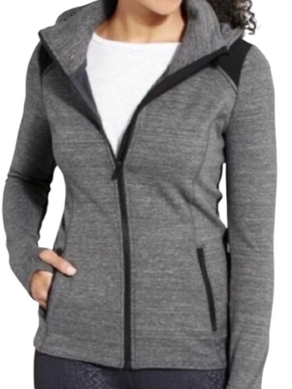 Athleta Stronger Full Zip Hoodie Jacket Gray S Quilted Shoulder Moto Fleece